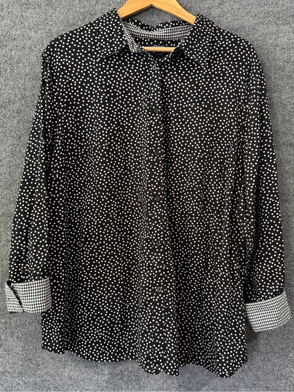 Chaps Womens Polka Dot Button Up Top Size 3X Black Contrast Cuff Office Career